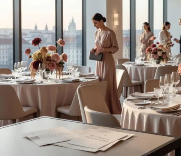 Budapesti elegáns esti rendezvény, modern helyszínben, természetes fénnyel és vendégekkel a Lumqa Vero szervezésében.
