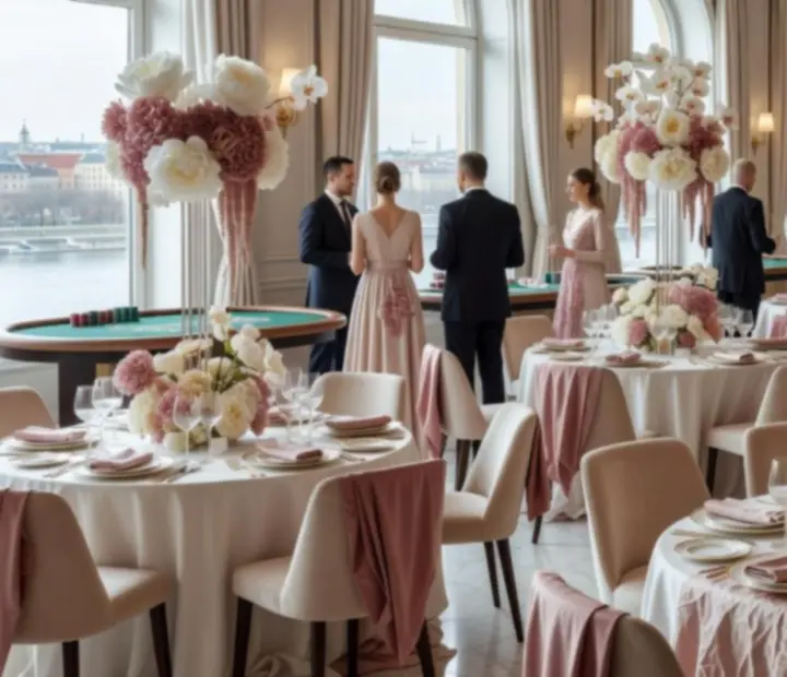 Budapesti elegáns rendezvényhelyszín, művészi asztaldekorációval és offline kaszinósarokkal a Lumqa Vero szervezésében.