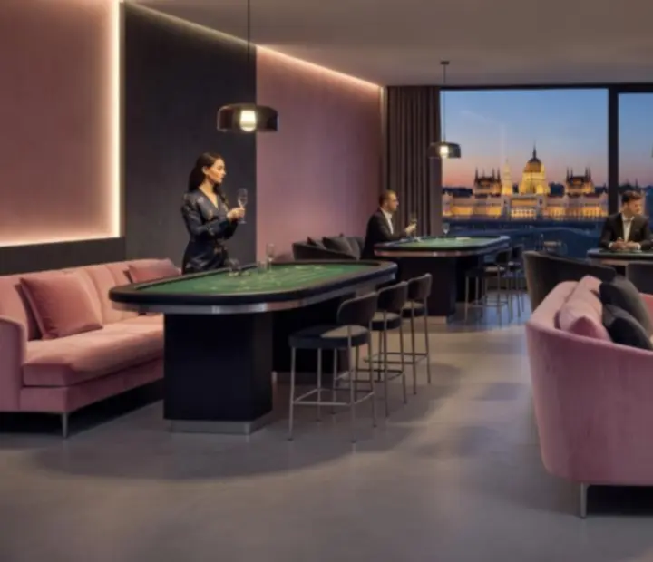Budapesti casino lounge sarok kanapékkal, kaszinóasztalokkal és elegáns vendégekkel, grafitszürke és púderrózsaszín tónusokban