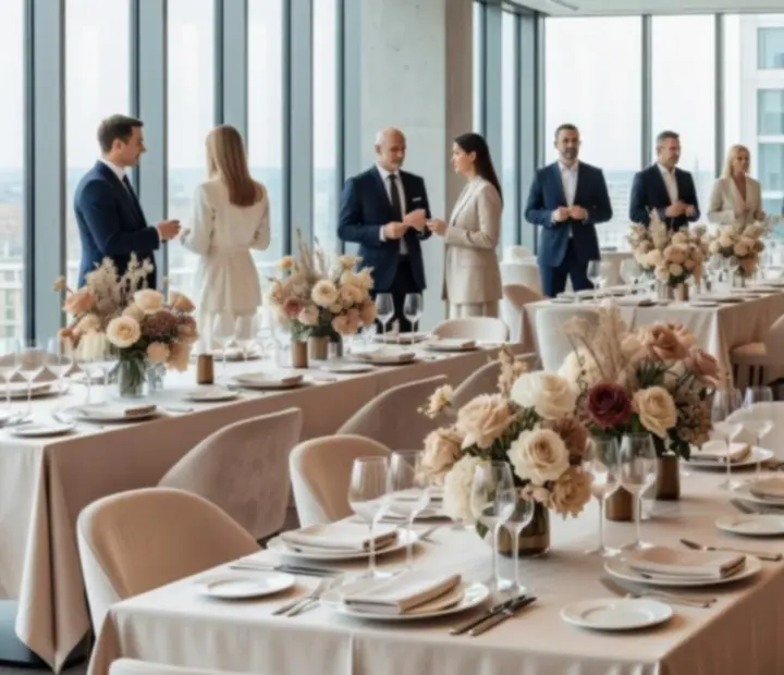Elegáns budapesti corporate rendezvény: fényben úszó helyszín, hosszú asztalok, virágkompozíciók és készülődő vendégek.