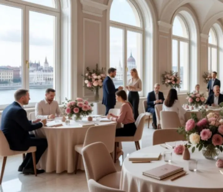 Világos, modern budapesti rendezvényhelyszín csapatépítő eseményhez, elegáns asztalokkal és dekorációval