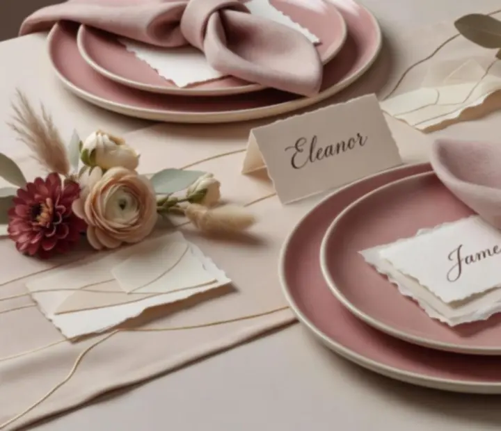 Elegáns asztalterítés dusty rose virágokkal, papír textúrákkal és gyertyafénnyel.