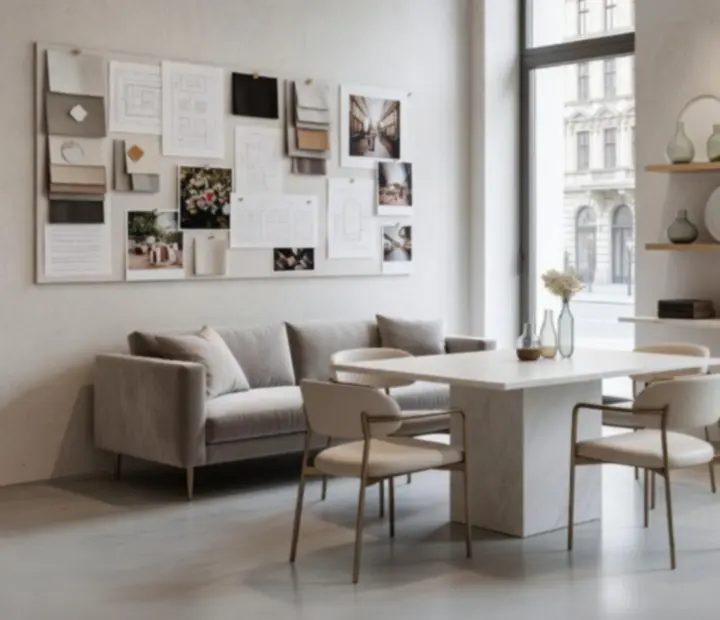 Lumqa Vero budapesti showroom és kreatív tervező tér, asztalon moodboardokkal és játékkártyákkal.
