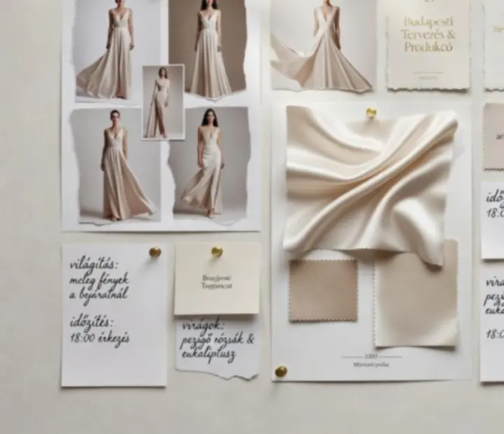 Event planning moodboard jegyzetekkel és helyszínrajzzal