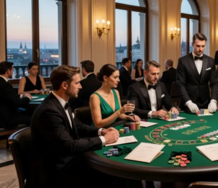 Elegáns offline kaszinóest Budapesten pókerasztallal, rulettel és blackjack asztallal