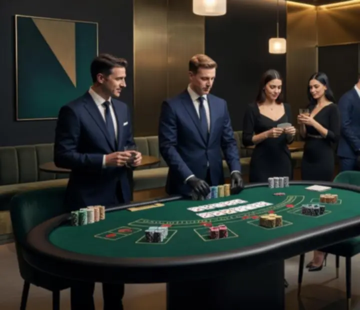 Elegáns offline kaszinó setup pókerasztallal, rulettel, blackjack asztallal, játékkártyákkal és zsetonokkal.