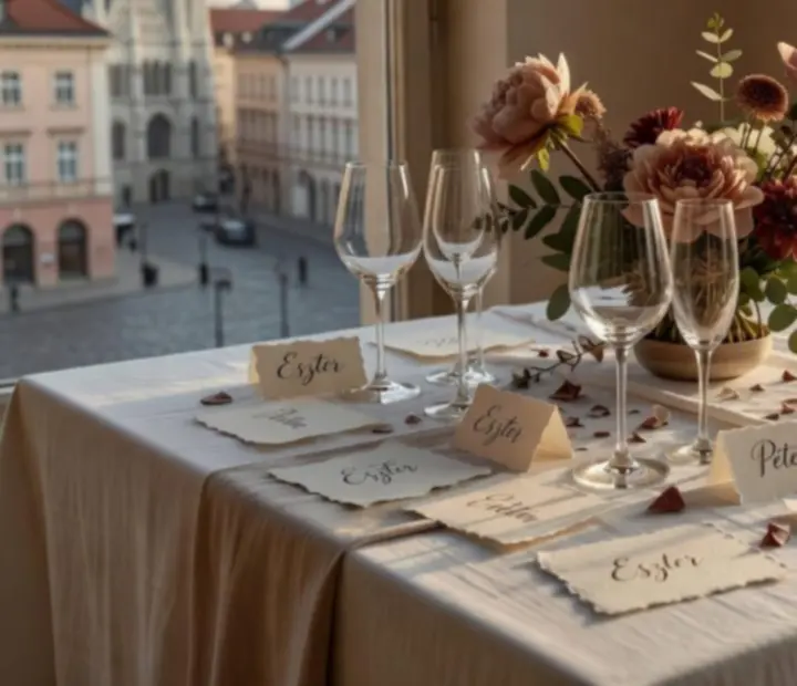 Elegáns születésnapi asztalterítés Budapesten virágdíszekkel, selyem szalvétákkal és dizájn poharakkal.